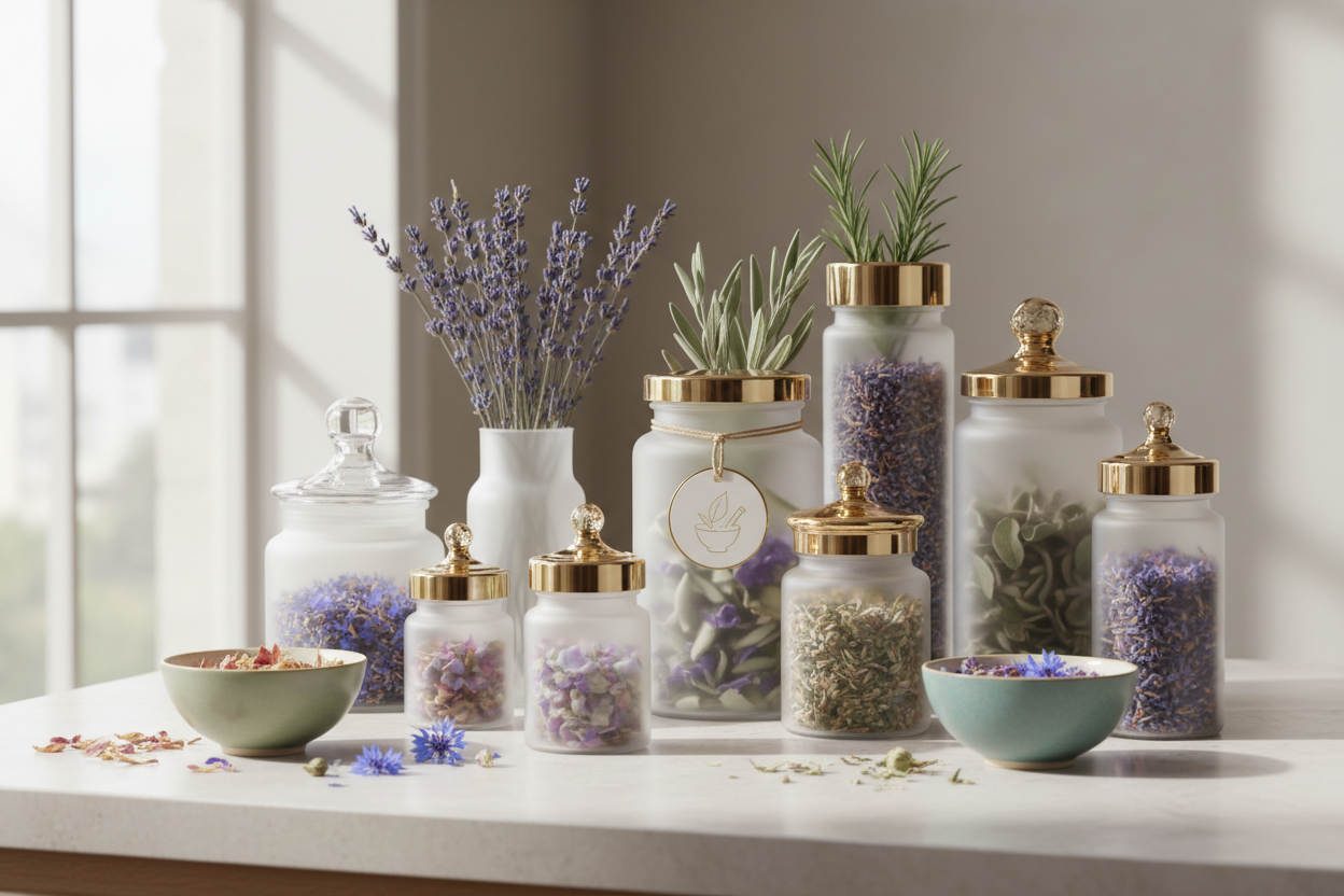 Apothecary jars with herbs and flowers